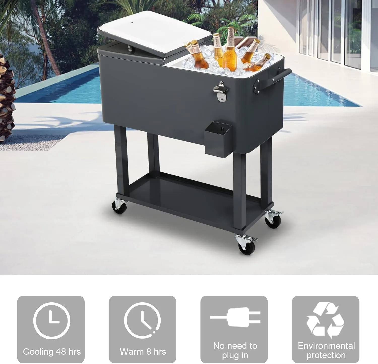 80 Quart Rolling Cooler Cart with Shelf and Bottle Opener for Patio Party