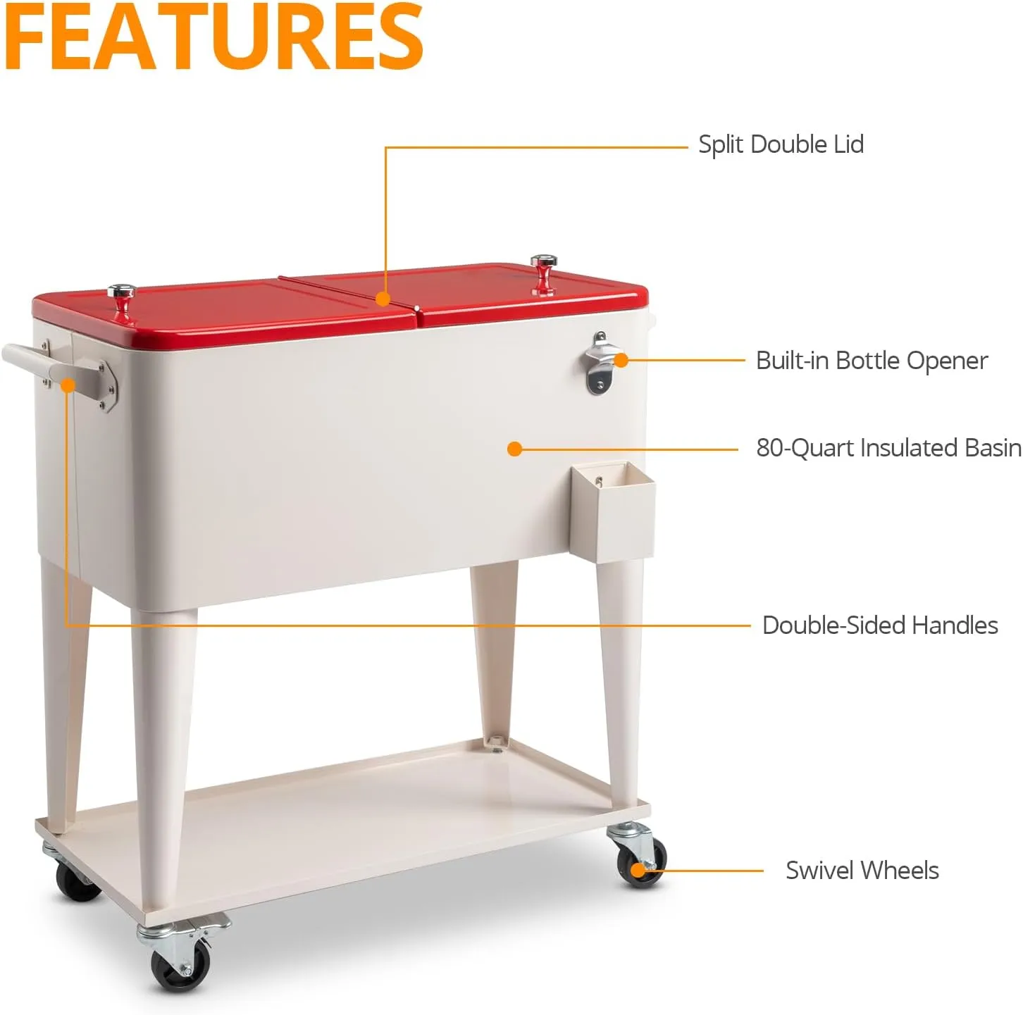 80 Quart Rolling Cooler Cart with Shelf and Bottle Opener for Patio Party