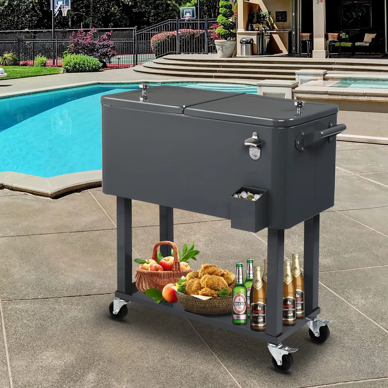 80 Quart Rolling Cooler Cart with Shelf and Bottle Opener for Patio Party