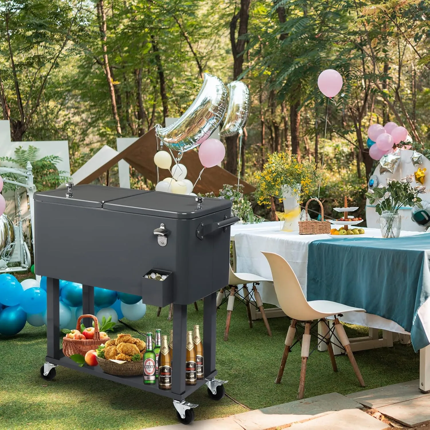80 Quart Rolling Cooler Cart with Shelf and Bottle Opener for Patio Party