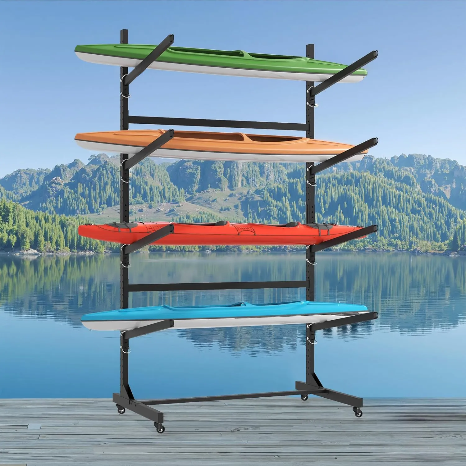 80" Freestanding Kayak Storage Rack - Quad Kayak Holder with Adjustable Stand, Lockable 360° Wheels, and Rust-Resistant Coating for Kayaks, Canoes, SUPs & Surfboards