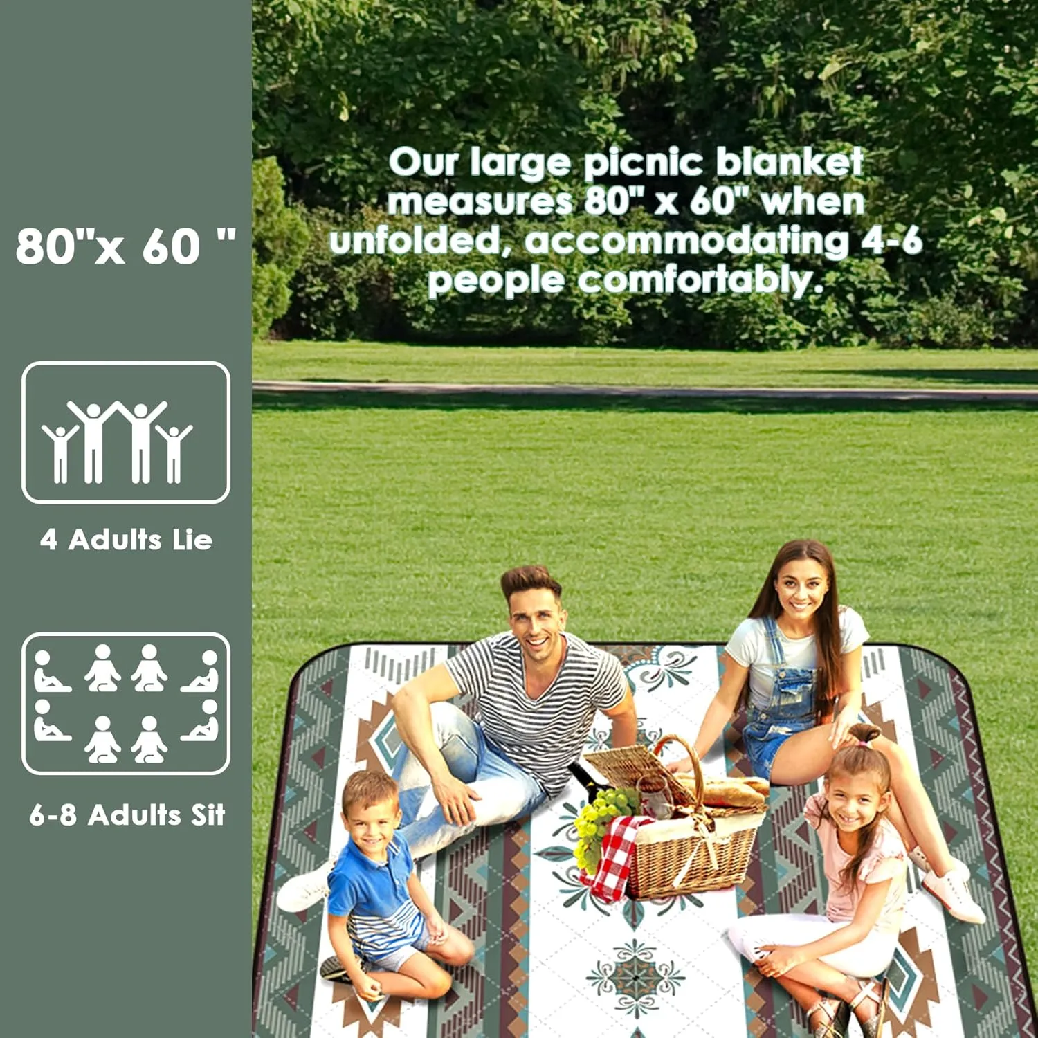 80"x60" Waterproof Picnic Blanket Large Outdoor Camping Blanket Foldable Picnic Camping Blanket Thicker Machine Washable Picnic Mat Portable Wearable for Picnics, Camping
