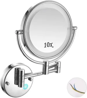 8" LED Wall Mounted Makeup Mirror, 1X & 10X Magnification, 360° Rotation, Matte Black/Silver