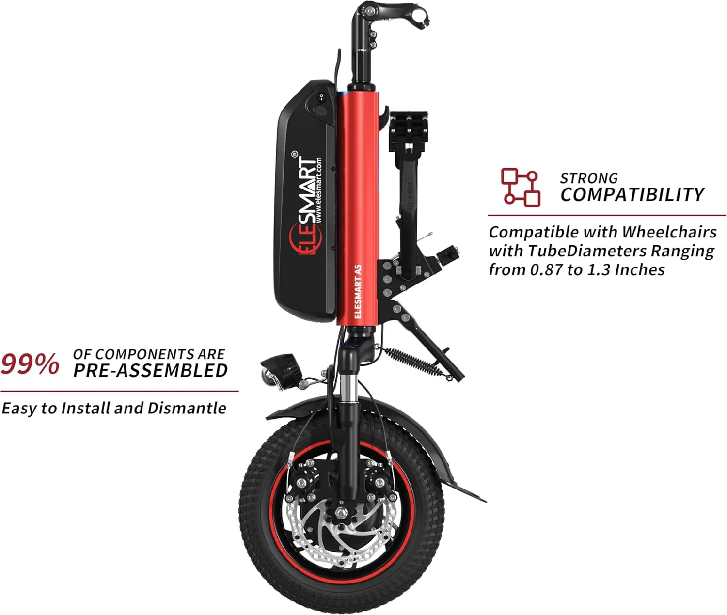 A5 Electric Handcycle Wheelchair Power Attachment, Wheelchair Motor Attachment for Manual to Electric Upgrade, 37 Miles Range, 36V 500W, Side Connection, Red