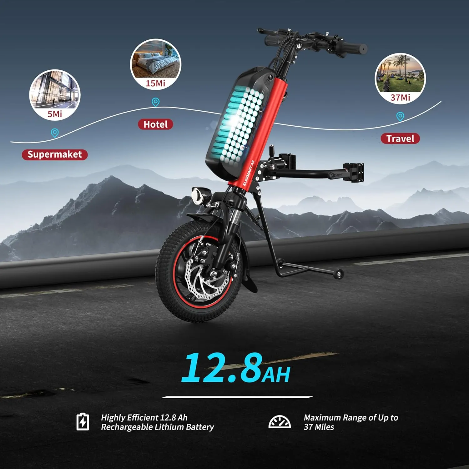 A5 Electric Handcycle Wheelchair Power Attachment, Wheelchair Motor Attachment for Manual to Electric Upgrade, 37 Miles Range, 36V 500W, Side Connection, Red