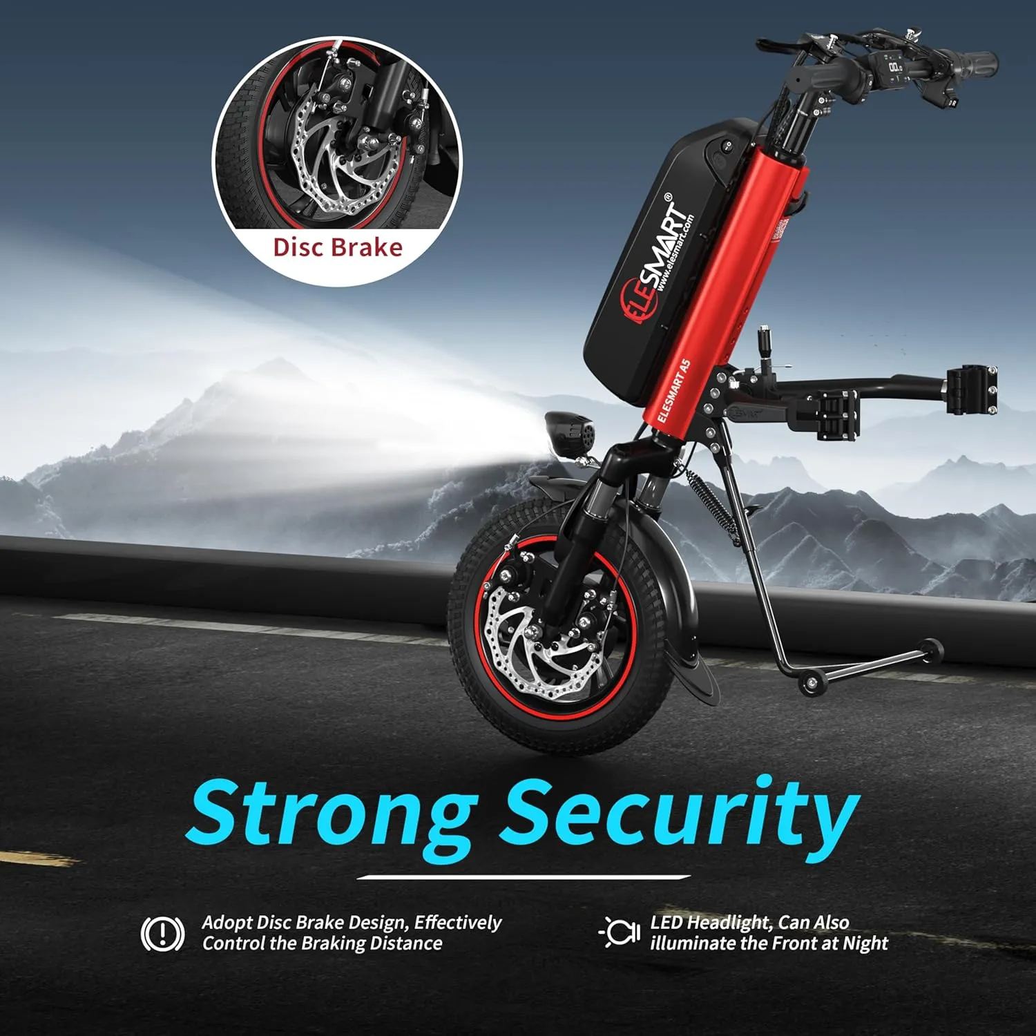 A5 Electric Handcycle Wheelchair Power Attachment, Wheelchair Motor Attachment for Manual to Electric Upgrade, 37 Miles Range, 36V 500W, Side Connection, Red