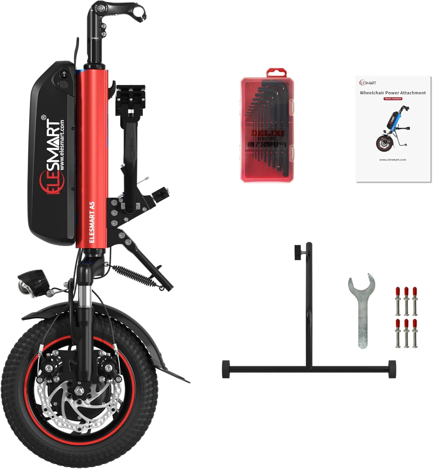 A5 Electric Handcycle Wheelchair Power Attachment, Wheelchair Motor Attachment for Manual to Electric Upgrade, 37 Miles Range, 36V 500W, Side Connection, Red