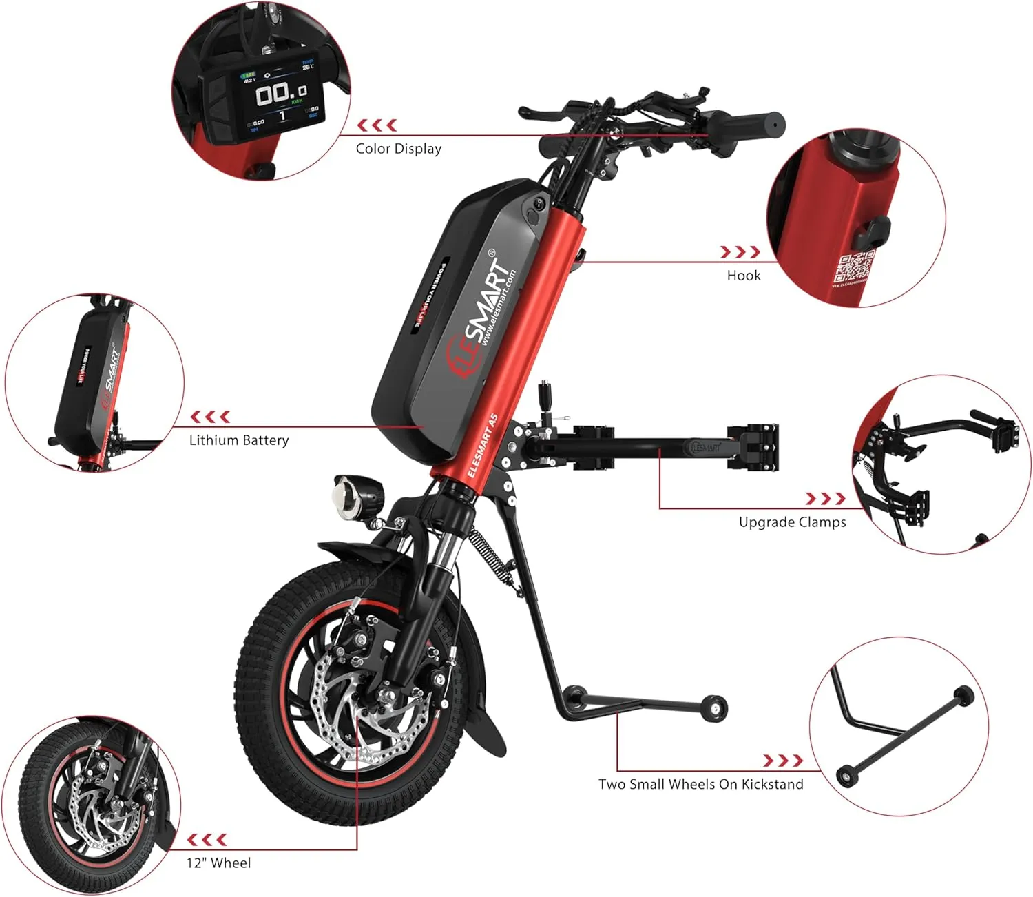 A5 Electric Handcycle Wheelchair Power Attachment, Wheelchair Motor Attachment for Manual to Electric Upgrade, 37 Miles Range, 36V 500W, Side Connection, Red