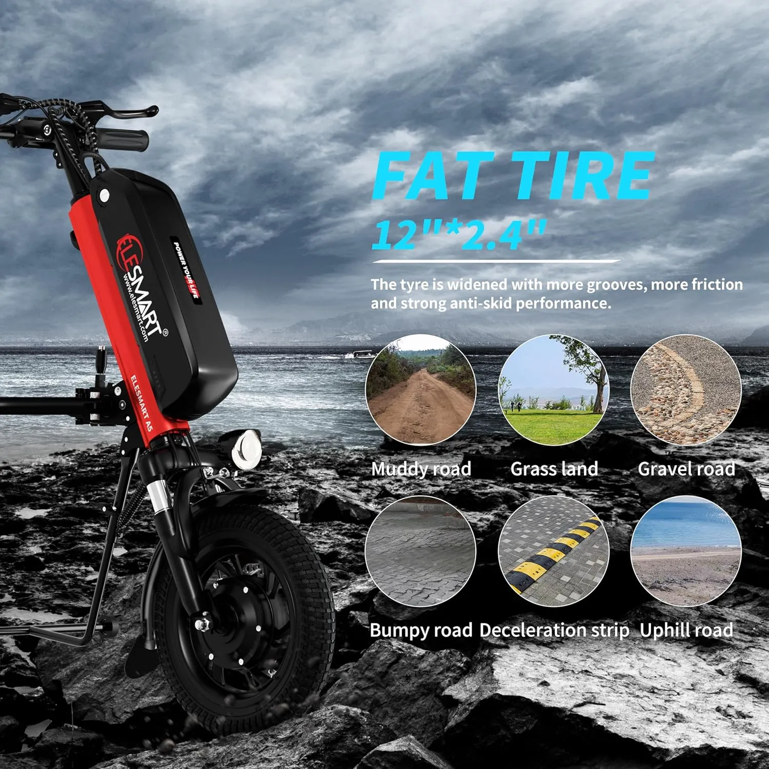 A5 Electric Handcycle Wheelchair Power Attachment, Wheelchair Motor Attachment for Manual to Electric Upgrade, 37 Miles Range, 36V 500W, Side Connection, Red
