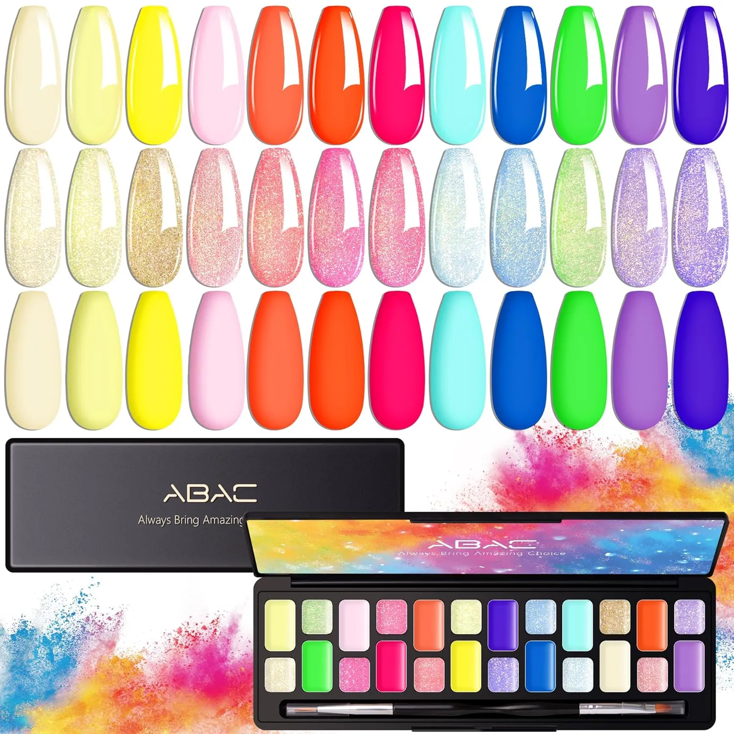 ABAC 24 Color Solid Gel Nail Polish,Pat Paint Gel,Ombre Nail Gel Hema-Free No-Spill Rainbow Shades w/Pro Brush,Summer 2025 Clump-Free Shimmer for Rave,Beach & Festival Nails