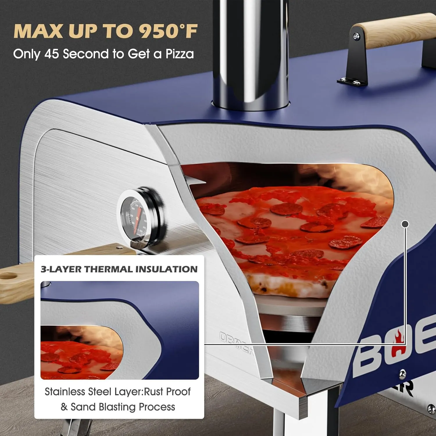 ABORON Pizza Oven Outdoor, 13"Multi-Fuel, Rotatable and Portable, Stainless Steel 3-Layer, with Built-in Thermometer, Cutter & Carry Bag