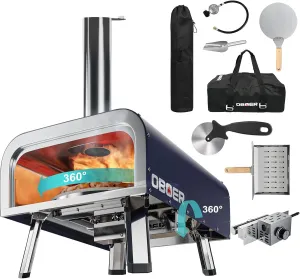 ABORON Pizza Oven Outdoor, 13"Multi-Fuel, Rotatable and Portable, Stainless Steel 3-Layer, with Built-in Thermometer, Cutter & Carry Bag