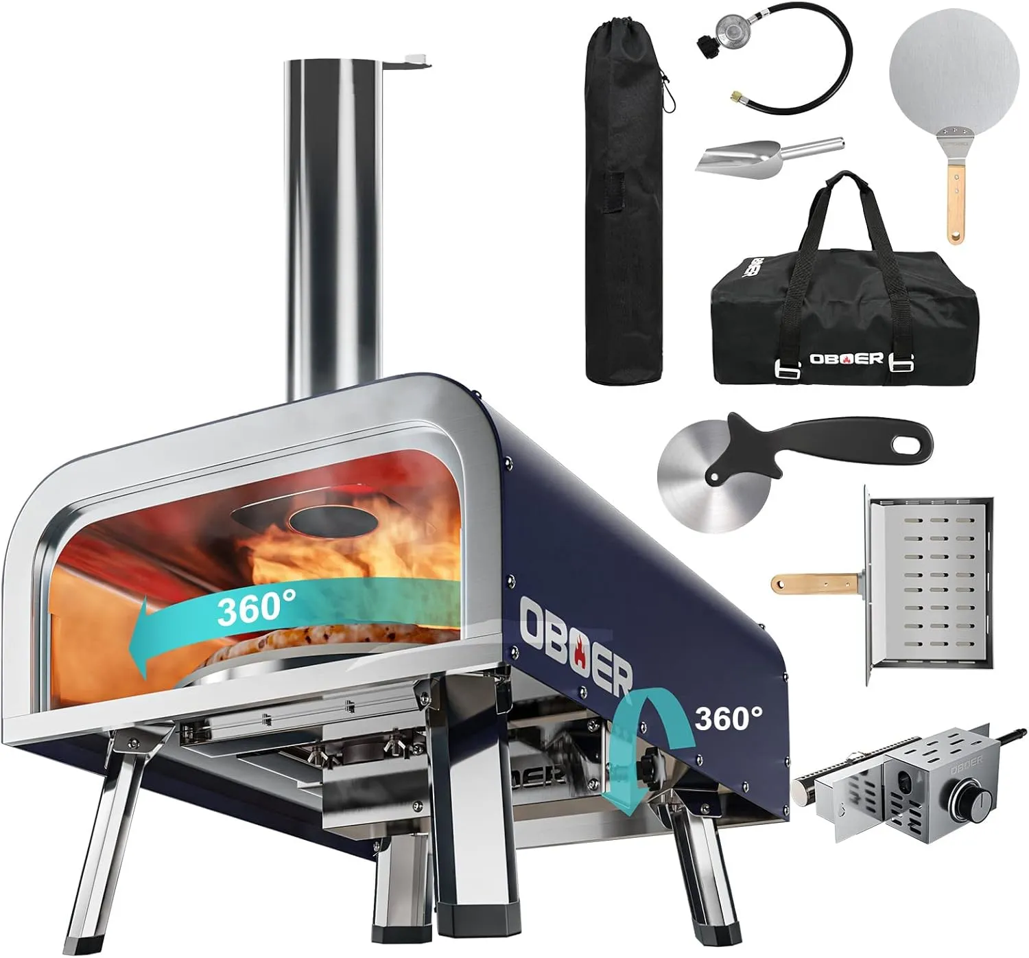 ABORON Pizza Oven Outdoor, 13"Multi-Fuel, Rotatable and Portable, Stainless Steel 3-Layer, with Built-in Thermometer, Cutter & Carry Bag