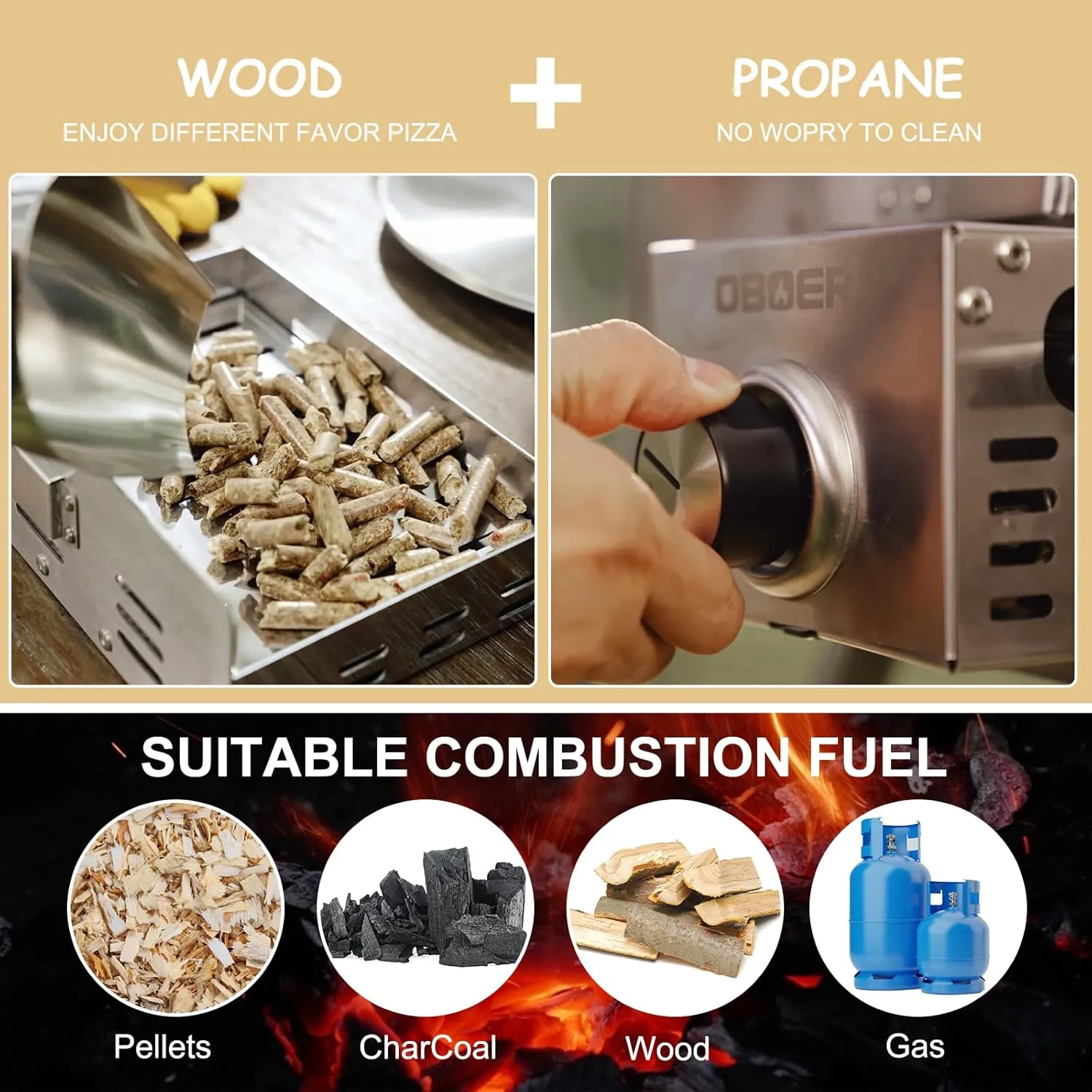 ABORON Pizza Oven Outdoor, 13"Multi-Fuel, Rotatable and Portable, Stainless Steel 3-Layer, with Built-in Thermometer, Cutter & Carry Bag