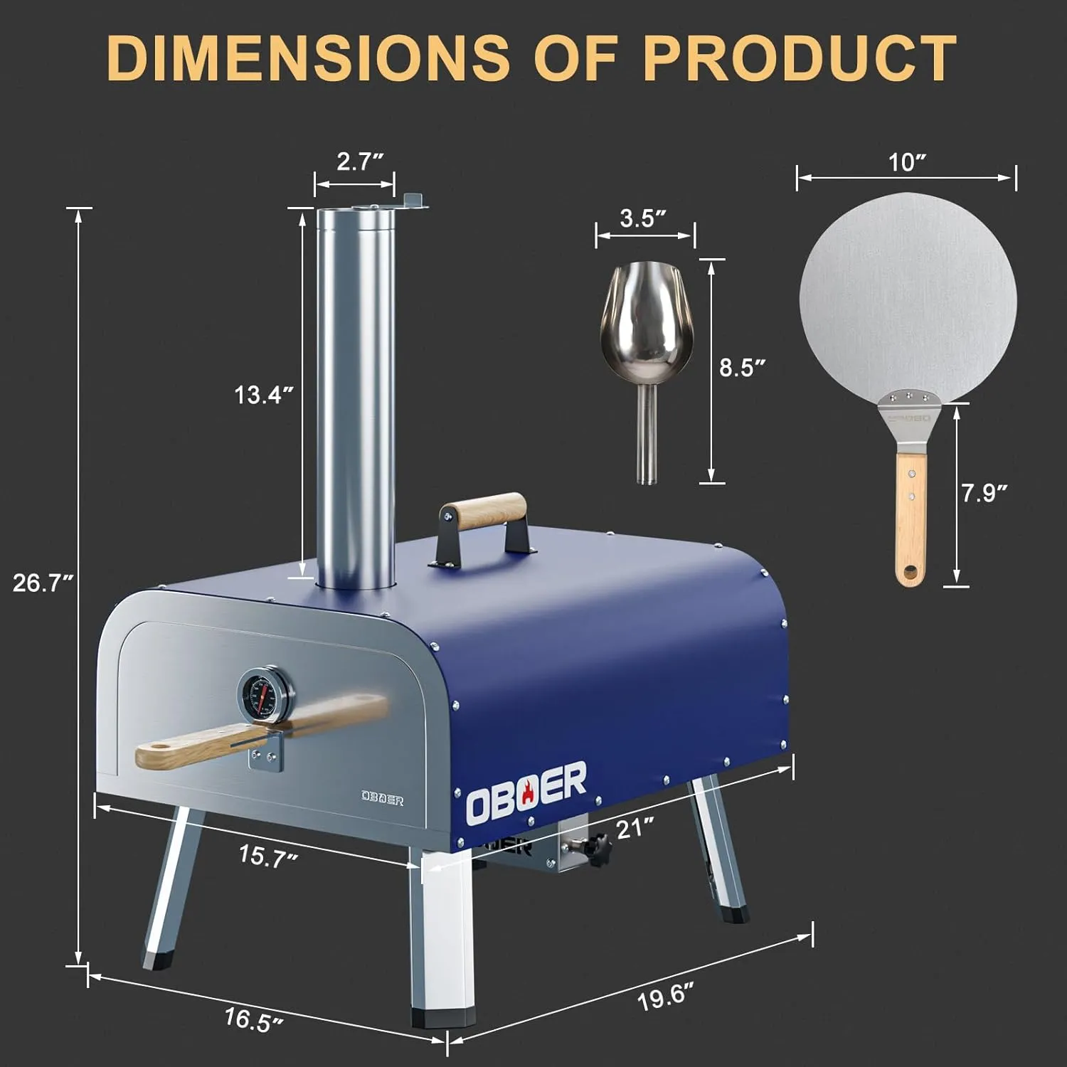ABORON Pizza Oven Outdoor, 13"Multi-Fuel, Rotatable and Portable, Stainless Steel 3-Layer, with Built-in Thermometer, Cutter & Carry Bag