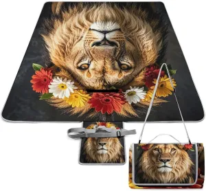 African Lion Wearing A Flower on Its Head Picnic Blanket Outdoor, Oversized Beach Blanket, Foldable Lightweight Waterproof Sand Cushion Suitable for Beaches, Camping Grasslands Mat