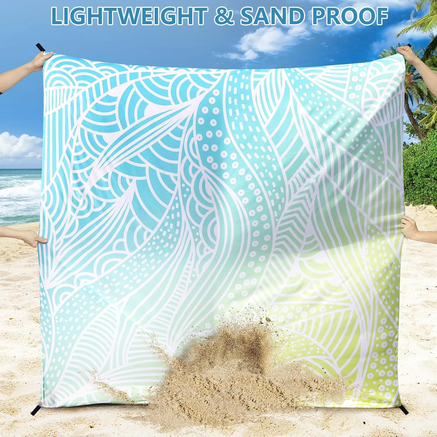 AISPARKY Beach Blanket Waterproof Sandproof Lightweight Durable Compact Sand Free Beach Mat 79”x 83” for 1-4 Adults for Festival Travel Camping Hiking Picnic Blanket (Gradiant BL&GN-Ripple)