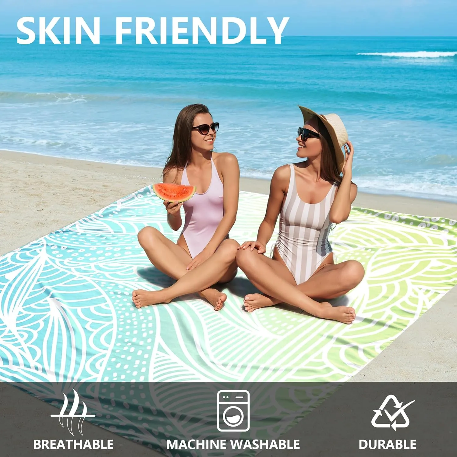 AISPARKY Beach Blanket Waterproof Sandproof Lightweight Durable Compact Sand Free Beach Mat 79”x 83” for 1-4 Adults for Festival Travel Camping Hiking Picnic Blanket (Gradiant BL&GN-Ripple)