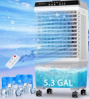 AKIRES 1800CFM Swamp Cooler Windowless Portable Air Conditioner,3-IN-1 Evaporative Air Cooler with 2025 Upgraded Copper Motor,5.3-Gal Tank,4 Ice Packs,Cooling Fan for Indoor,Outdoor,Bedroom(31IN)