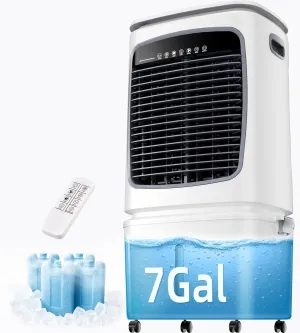 AKIRES 2000CFM Swamp Cooler, Evaporative Air Cooler for 600Sq.ft of Space, Evaporative Cooler with 7-Gal Water Tank,90°Oscillation, 4 Ice Packs,12H Timer, Cooling Fan for Indoor, Outdoor,Garage (34IN)