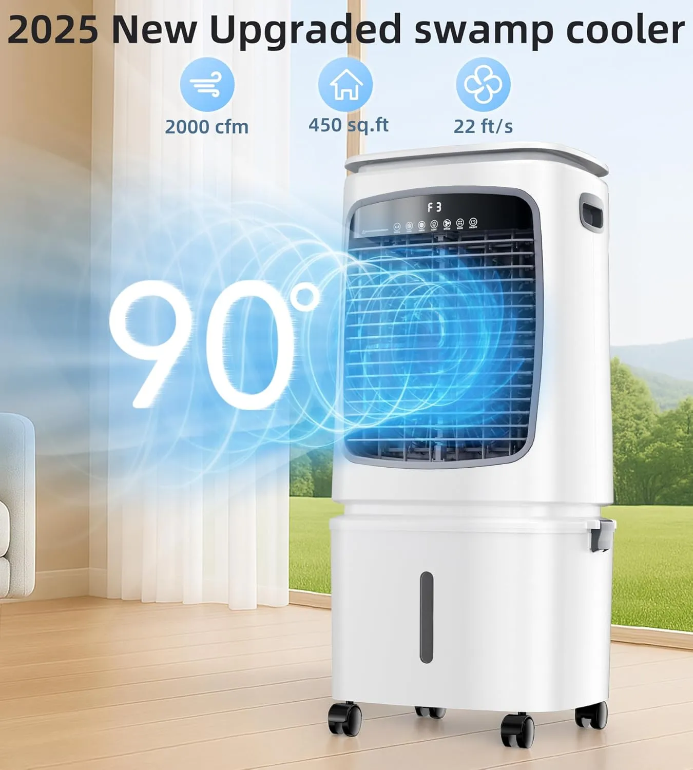 AKIRES 2000CFM Swamp Cooler, Evaporative Air Cooler for 600Sq.ft of Space, Evaporative Cooler with 7-Gal Water Tank,90°Oscillation, 4 Ice Packs,12H Timer, Cooling Fan for Indoor, Outdoor,Garage (34IN)