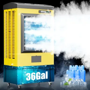 AKIRES 8979CFM Swamp Coolers,Evaporative Air Cooler for 1730Sq.ft of Space,with Continuous Auto Fill,35-Gal Water Tank,120°Oscillation,5 Ice Packs,Cooling Fan for Outdoor,Indoor Yellow(55IN)