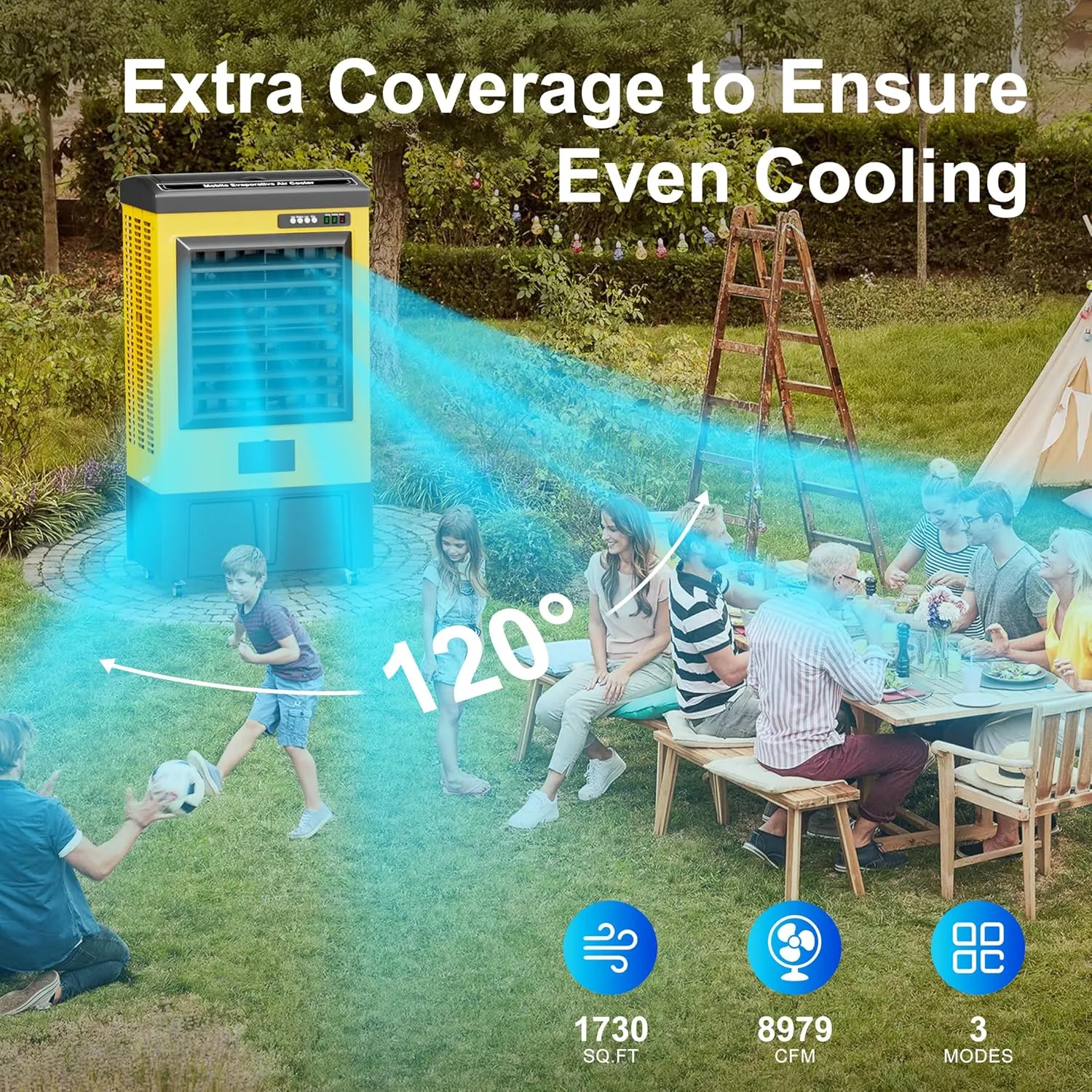 AKIRES 8979CFM Swamp Coolers,Evaporative Air Cooler for 1730Sq.ft of Space,with Continuous Auto Fill,35-Gal Water Tank,120°Oscillation,5 Ice Packs,Cooling Fan for Outdoor,Indoor Yellow(55IN)