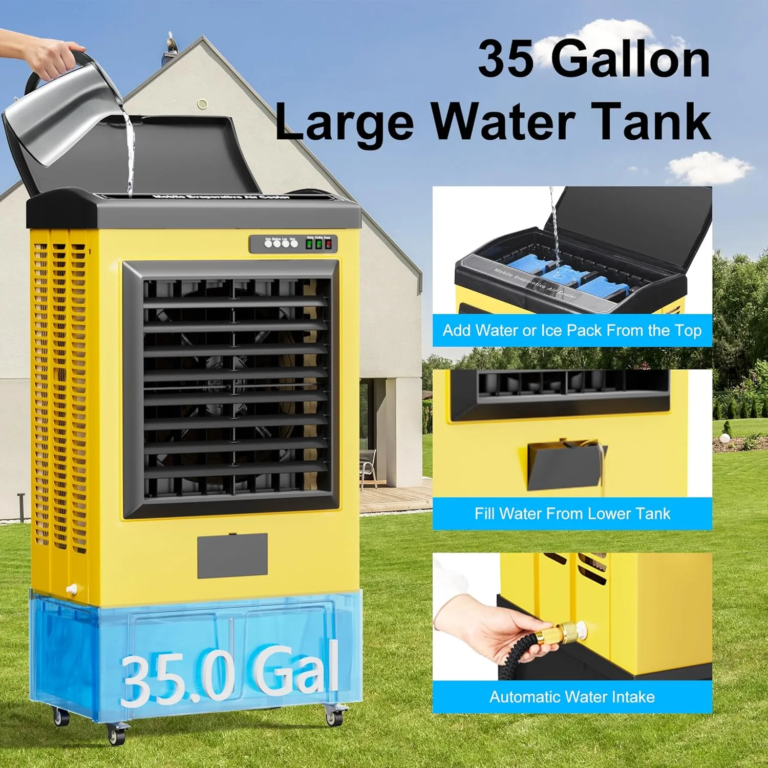 AKIRES 8979CFM Swamp Coolers,Evaporative Air Cooler for 1730Sq.ft of Space,with Continuous Auto Fill,35-Gal Water Tank,120°Oscillation,5 Ice Packs,Cooling Fan for Outdoor,Indoor Yellow(55IN)