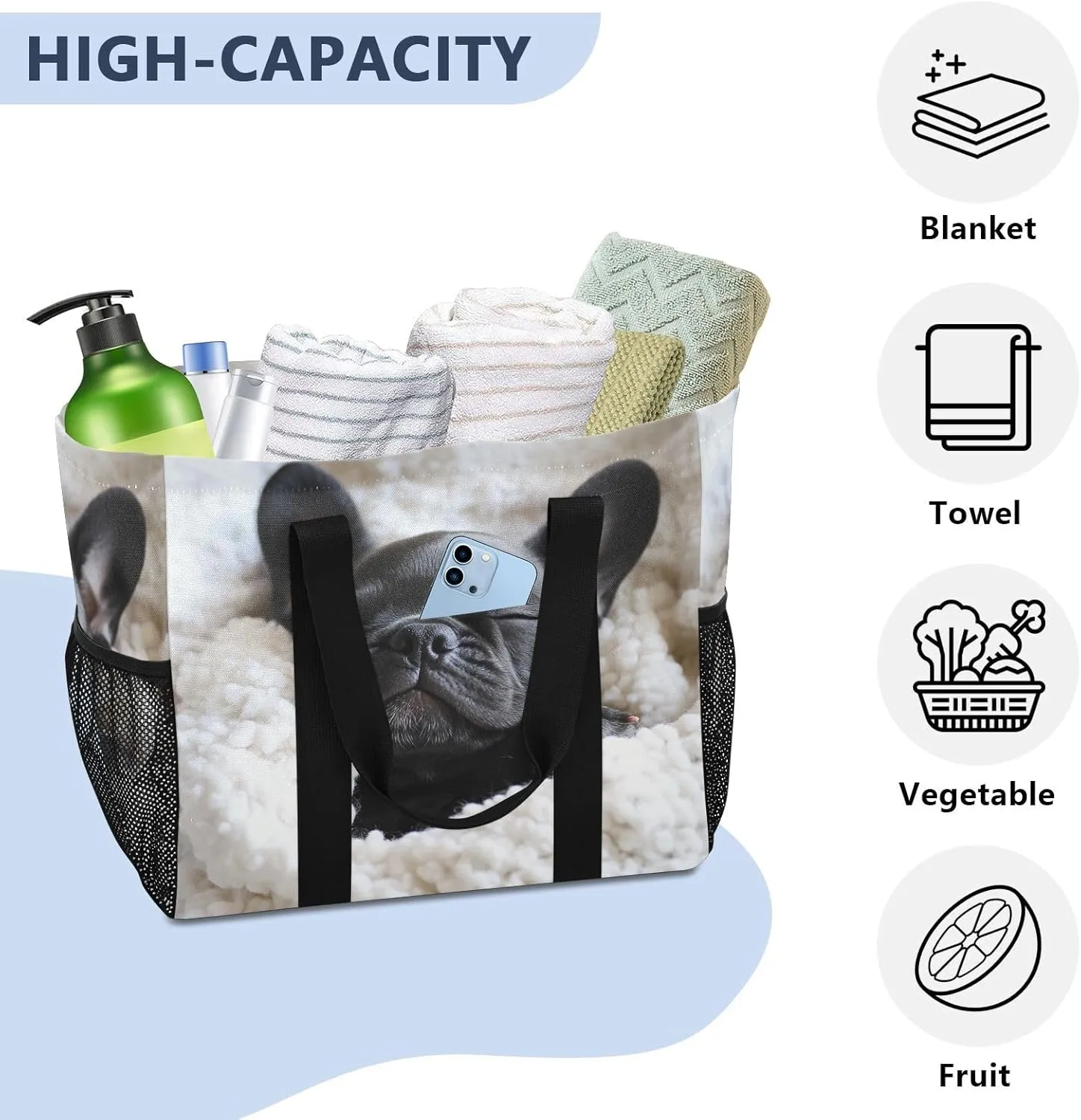 ALAZA French Bulldog Cute Puppy Sleeping in Blanket Waterproof Beach Tote Bags