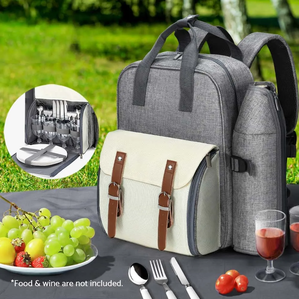 Alfresco 4 Person Insulated Picnic Backpack Set in Grey