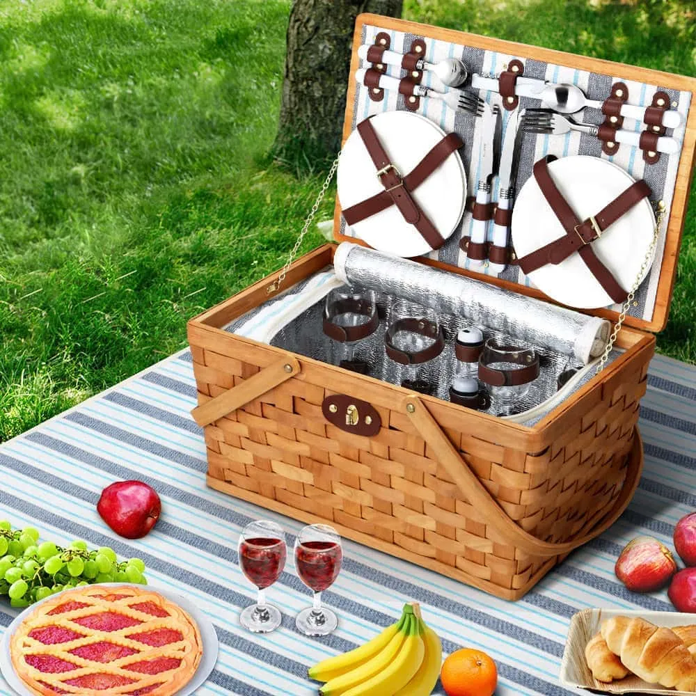 Alfresco 4 Person Insulated Picnic Backpack Set with Wooden Basket and Blanket
