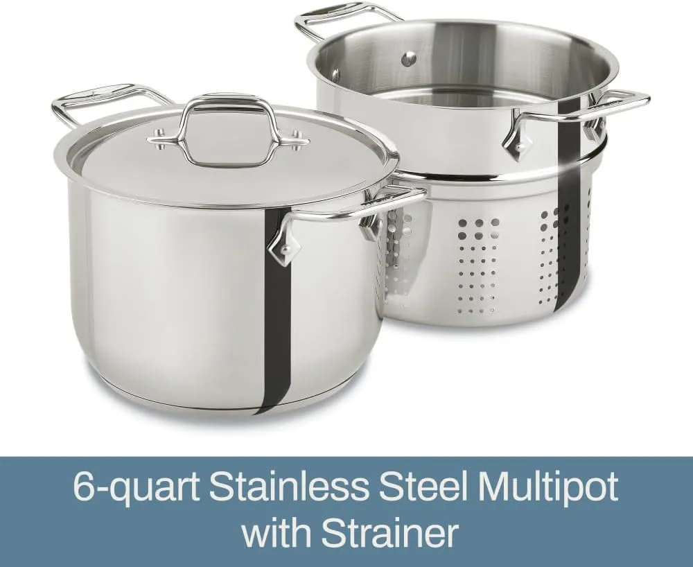 All-Clad Specialty Stainless Steel Stockpot, Multi-Pot with Strainer 3 Piece, 6 Quart Induction Oven Broiler Safe 500F Strainer, Pasta Strainer with Handle, Pots and Pans Silver