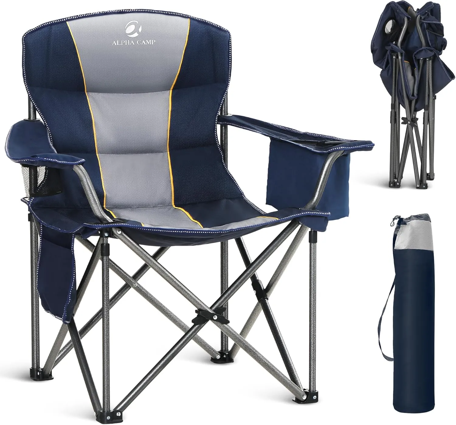 ALPHA CAMP Oversized Folding Camping Chair, Heavy Duty Portable Lawn Chairs with Cooler Bag, Side Pocket & Cup Holder, Folding Chairs for Outside Support 450 LBS