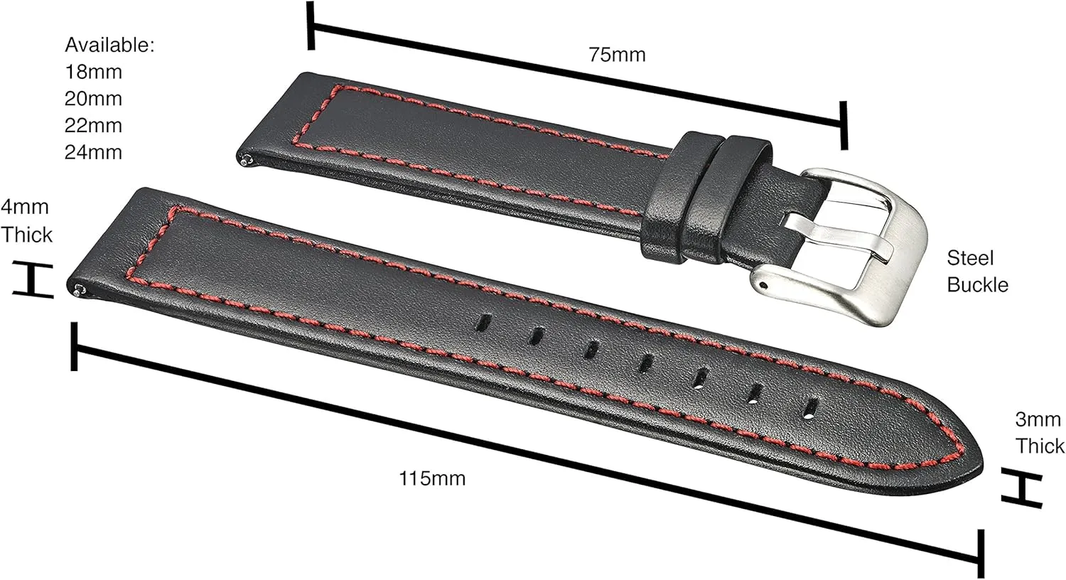 ALPINE Genuine waterproof leather watch band with quick release spring bars - leather watch strap 18mm, 20mm, 22mm, 24mm - black, brown