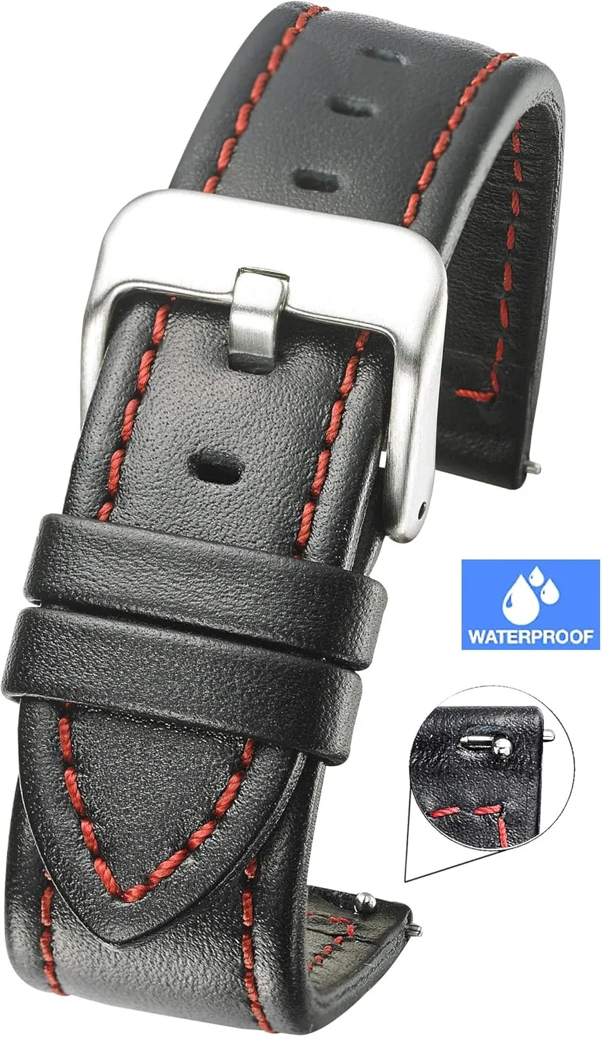 ALPINE Genuine waterproof leather watch band with quick release spring bars - leather watch strap 18mm, 20mm, 22mm, 24mm - black, brown