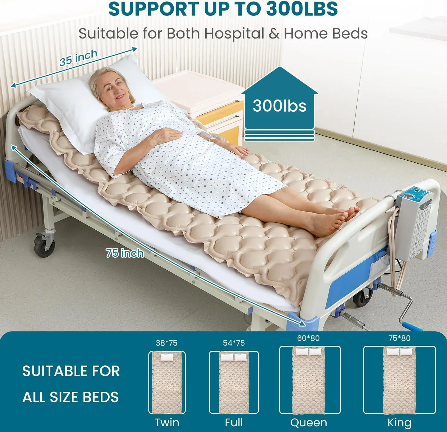 Alternating Air Pressure Mattress Pad, Bed Sore Prevention, Hospital Bed Mattress Topper with Whisper Quiet Pump & Waterproof, Heat Resistant Ulcer Cushion Pad for Hospital, Home, Medical Use