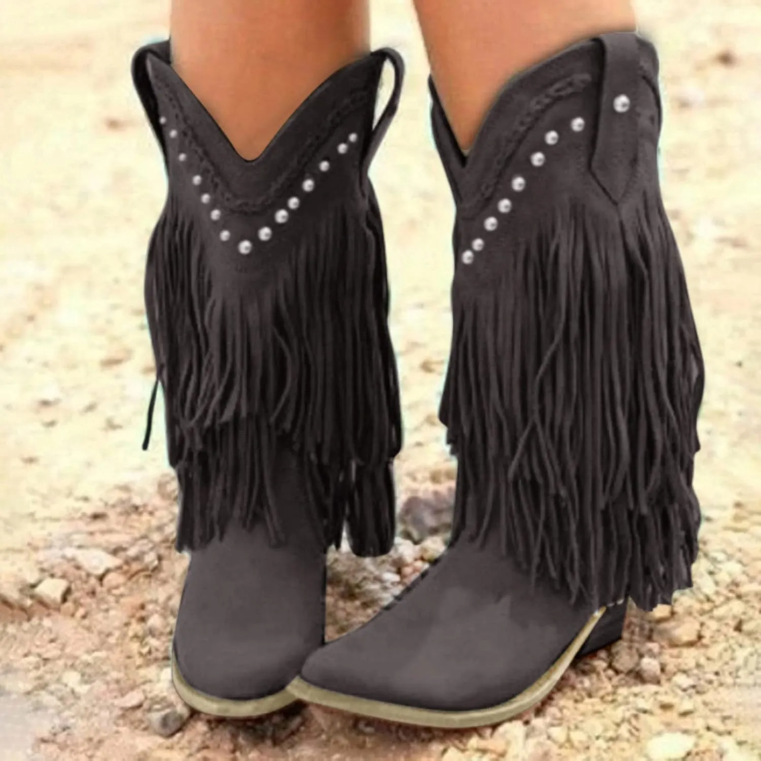 AMDBEL Mid Calf Boots for Women Low Heel Fall Boots for Women 2024 Retro Tassel Pointed Toe Cowboy Boots Winter Shoes