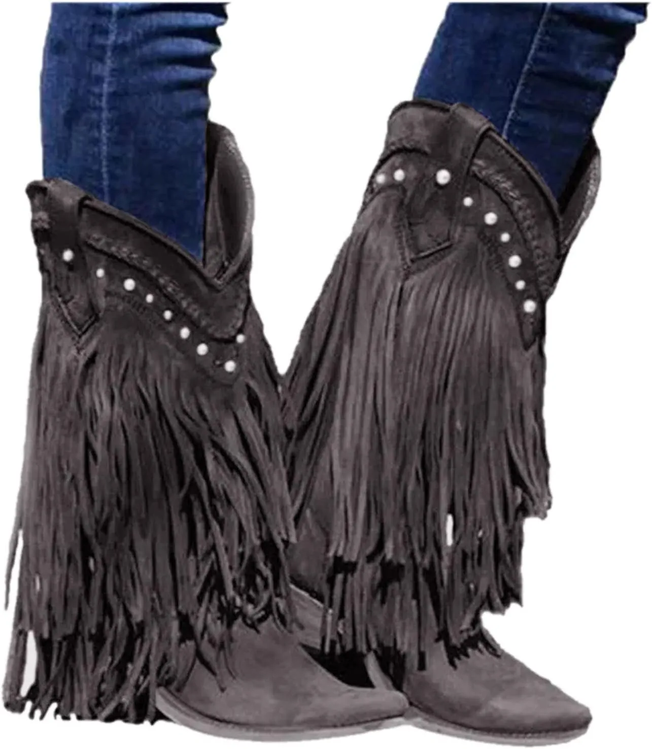 AMDBEL Mid Calf Boots for Women Low Heel Fall Boots for Women 2024 Retro Tassel Pointed Toe Cowboy Boots Winter Shoes