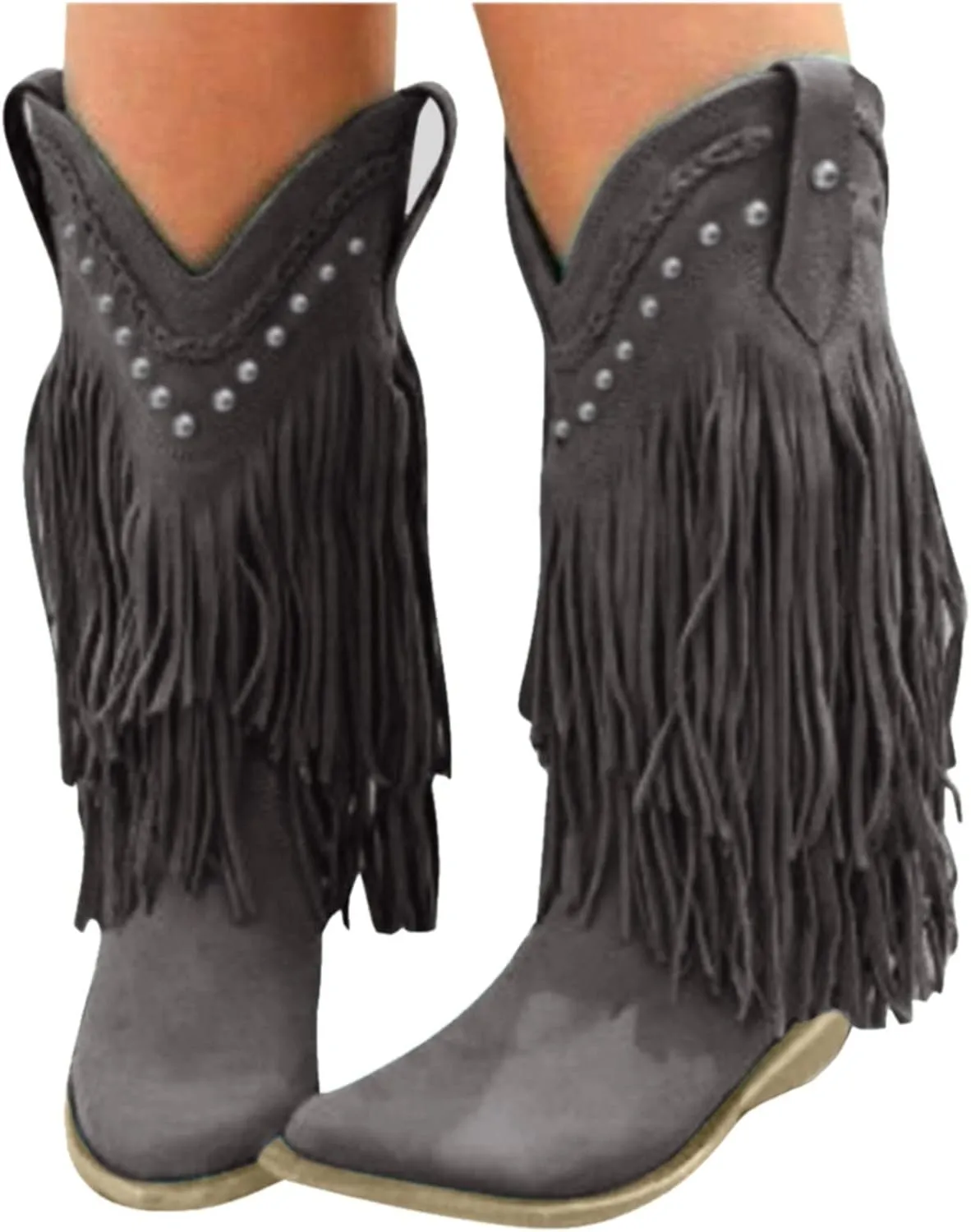 AMDBEL Mid Calf Boots for Women Low Heel Fall Boots for Women 2024 Retro Tassel Pointed Toe Cowboy Boots Winter Shoes
