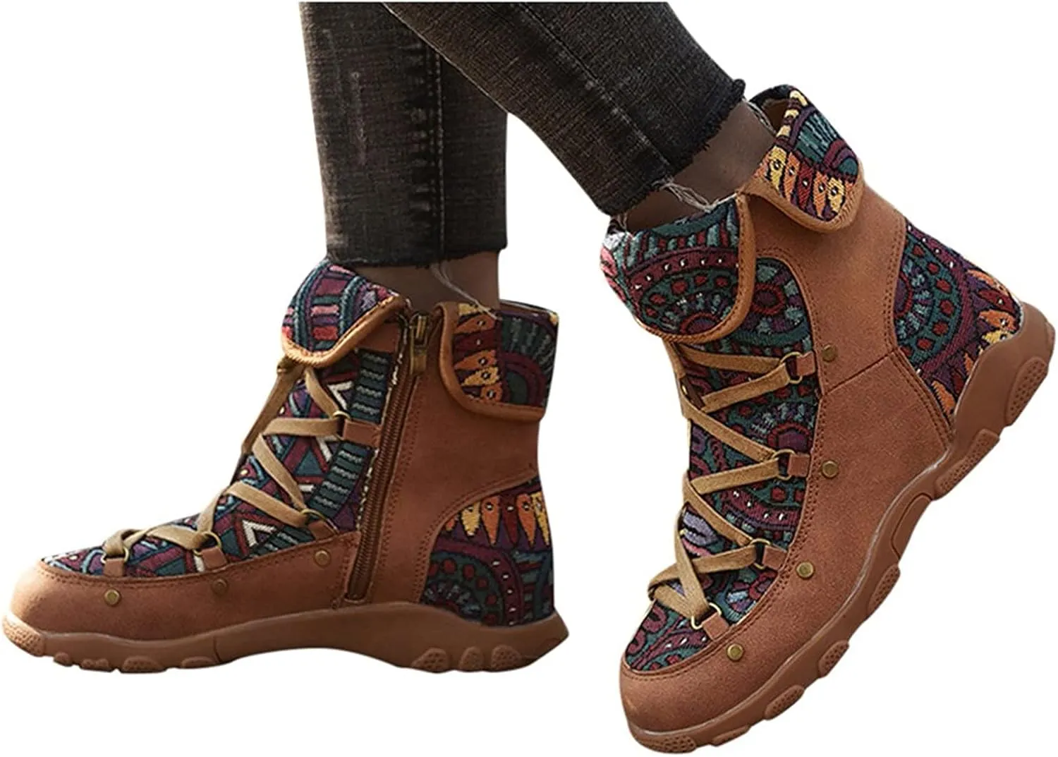 AMDBEL Winter Boots for Women 2024 Ankle Boots Low Heel Lace Up Short Boots Bohemian Winter Vintage Booties Shoes