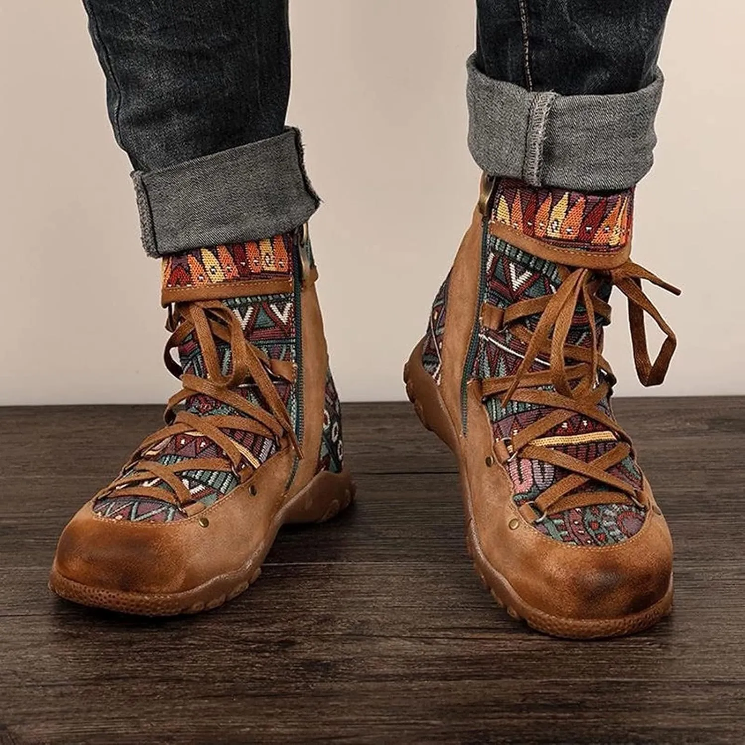 AMDBEL Winter Boots for Women 2024 Ankle Boots Low Heel Lace Up Short Boots Bohemian Winter Vintage Booties Shoes
