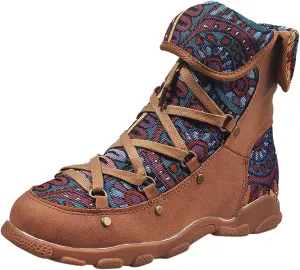 AMDBEL Winter Boots for Women 2024 Ankle Boots Low Heel Lace Up Short Boots Bohemian Winter Vintage Booties Shoes