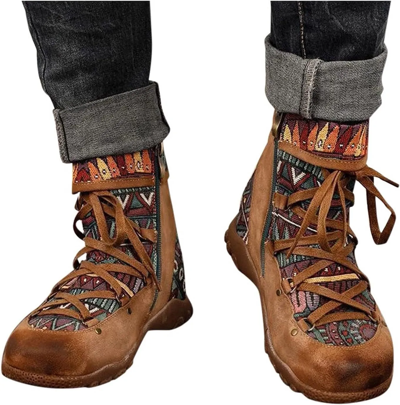 AMDBEL Winter Boots for Women 2024 Ankle Boots Low Heel Lace Up Short Boots Bohemian Winter Vintage Booties Shoes