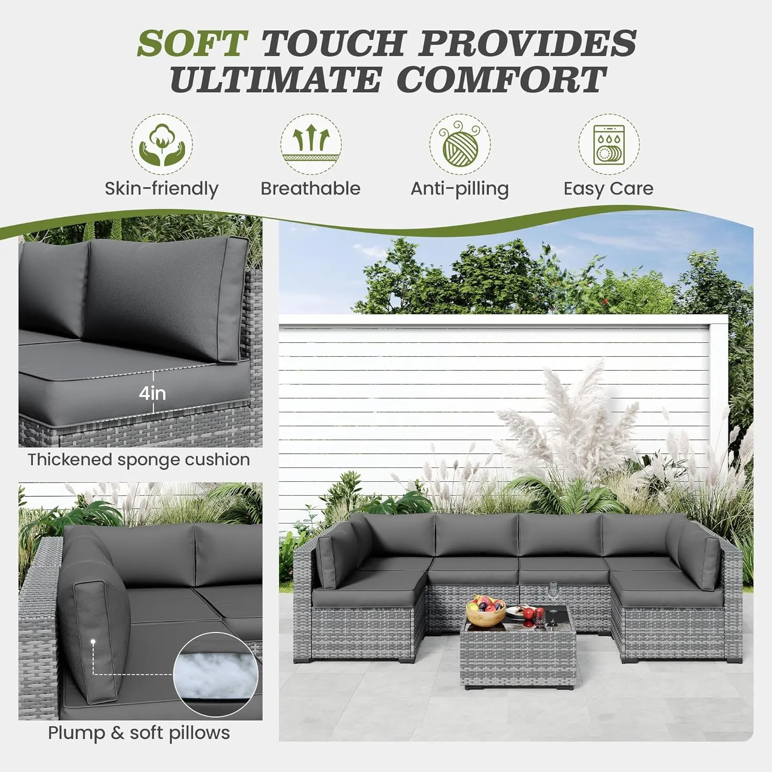Amopatio 14-Piece Outdoor Sofa Cushions for 6-Seat Patio Sectional, Waterproof Quick-Dry Outdoor Replacement Cushions, Non-Slip Bottom All-Weather Couch Cushion Eco Fabric (Oeko-TEX Certified), Grey