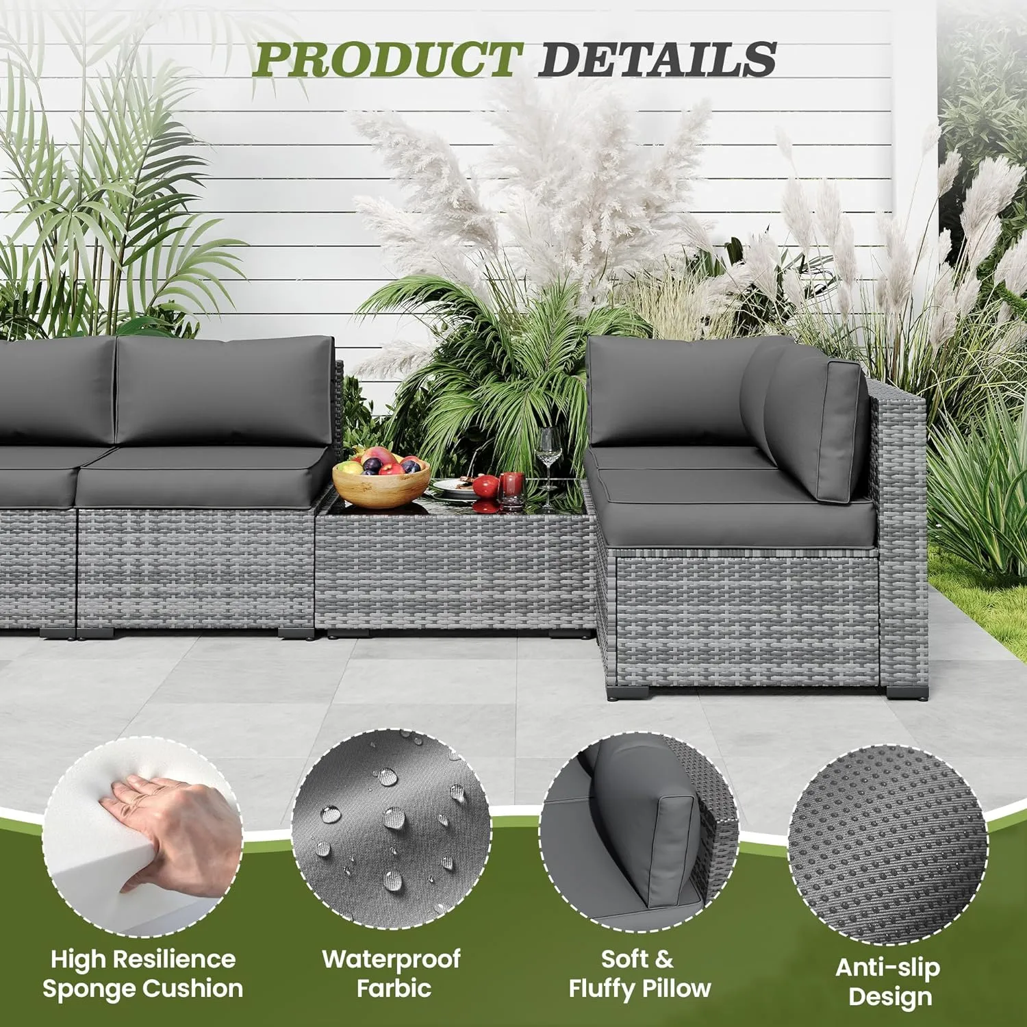 Amopatio 14-Piece Outdoor Sofa Cushions for 6-Seat Patio Sectional, Waterproof Quick-Dry Outdoor Replacement Cushions, Non-Slip Bottom All-Weather Couch Cushion Eco Fabric (Oeko-TEX Certified), Grey