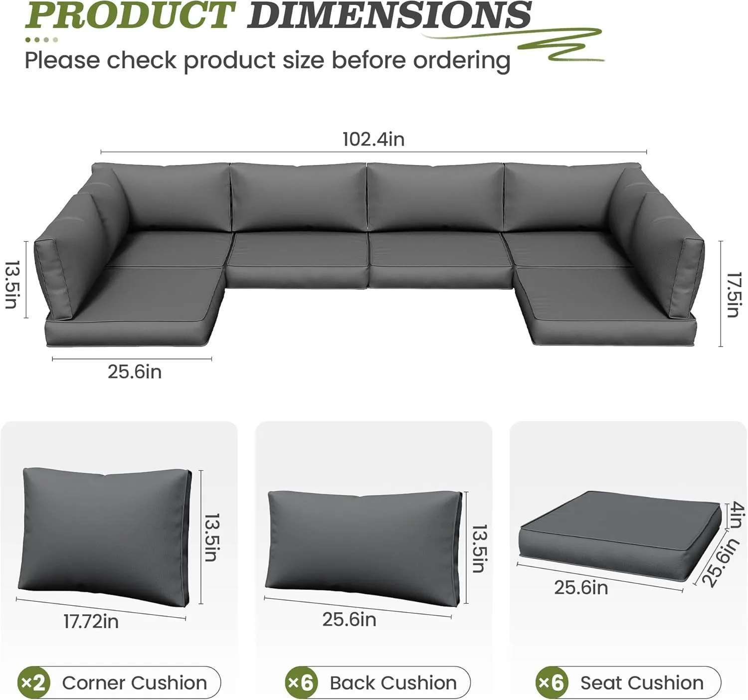 Amopatio 14-Piece Outdoor Sofa Cushions for 6-Seat Patio Sectional, Waterproof Quick-Dry Outdoor Replacement Cushions, Non-Slip Bottom All-Weather Couch Cushion Eco Fabric (Oeko-TEX Certified), Grey
