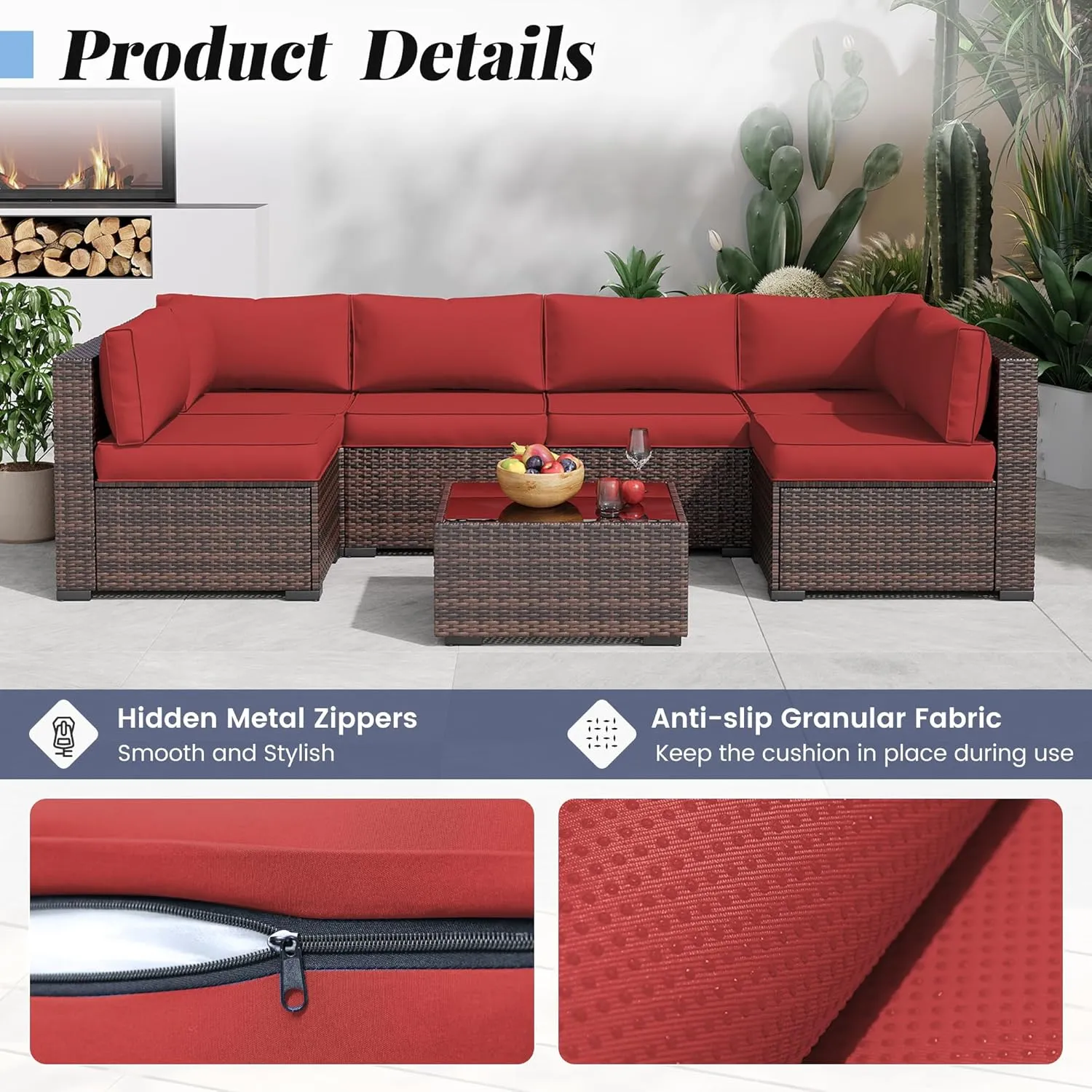 Amopatio 14-Piece Outdoor Sofa Cushions for 6-Seat Patio Sectional, Waterproof Quick-Dry Outdoor Replacement Cushions, Non-Slip Bottom All-Weather Sunproof Couch Cushion Eco Fabric, Burgundy