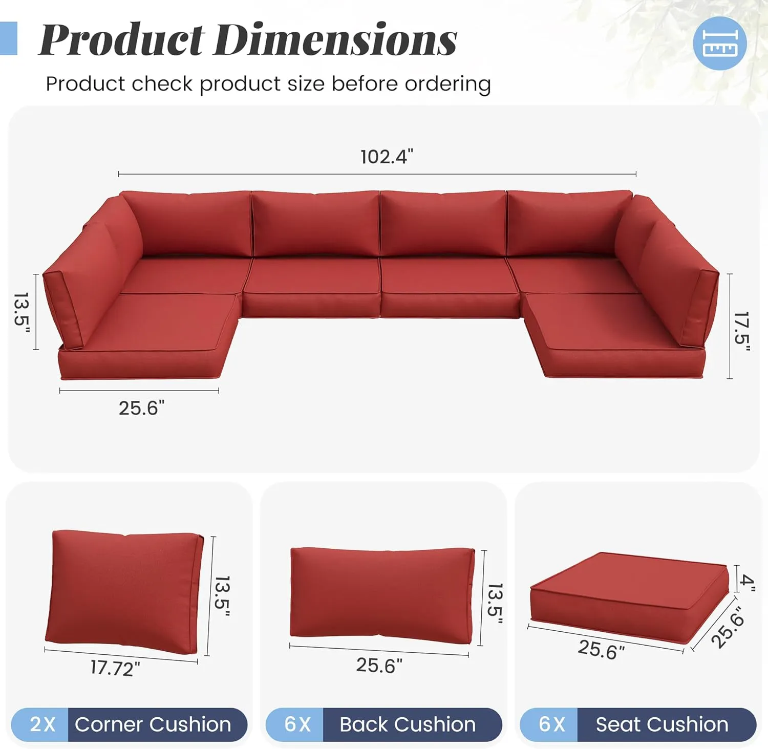 Amopatio 14-Piece Outdoor Sofa Cushions for 6-Seat Patio Sectional, Waterproof Quick-Dry Outdoor Replacement Cushions, Non-Slip Bottom All-Weather Sunproof Couch Cushion Eco Fabric, Burgundy