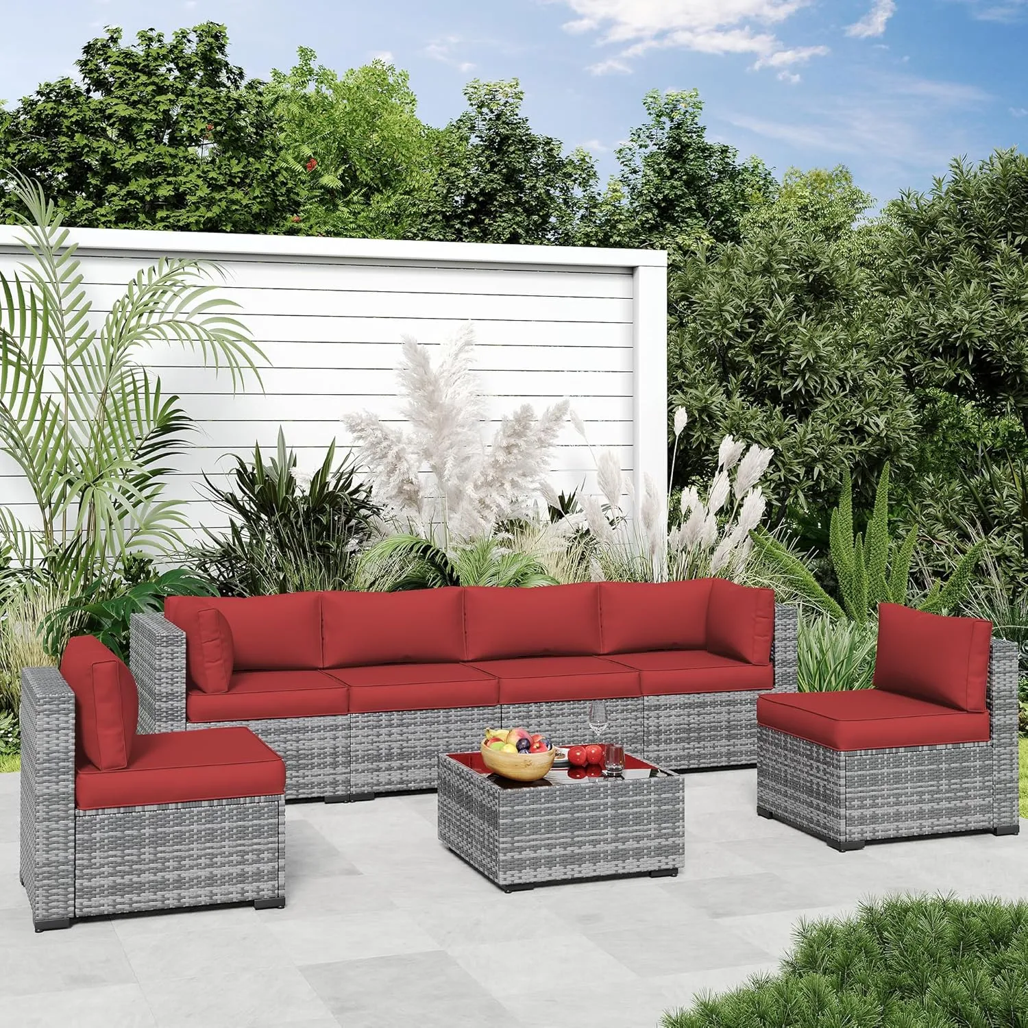 Amopatio 14-Piece Outdoor Sofa Cushions for 6-Seat Patio Sectional, Waterproof Quick-Dry Outdoor Replacement Cushions, Non-Slip Bottom All-Weather Sunproof Couch Cushion Eco Fabric, Burgundy