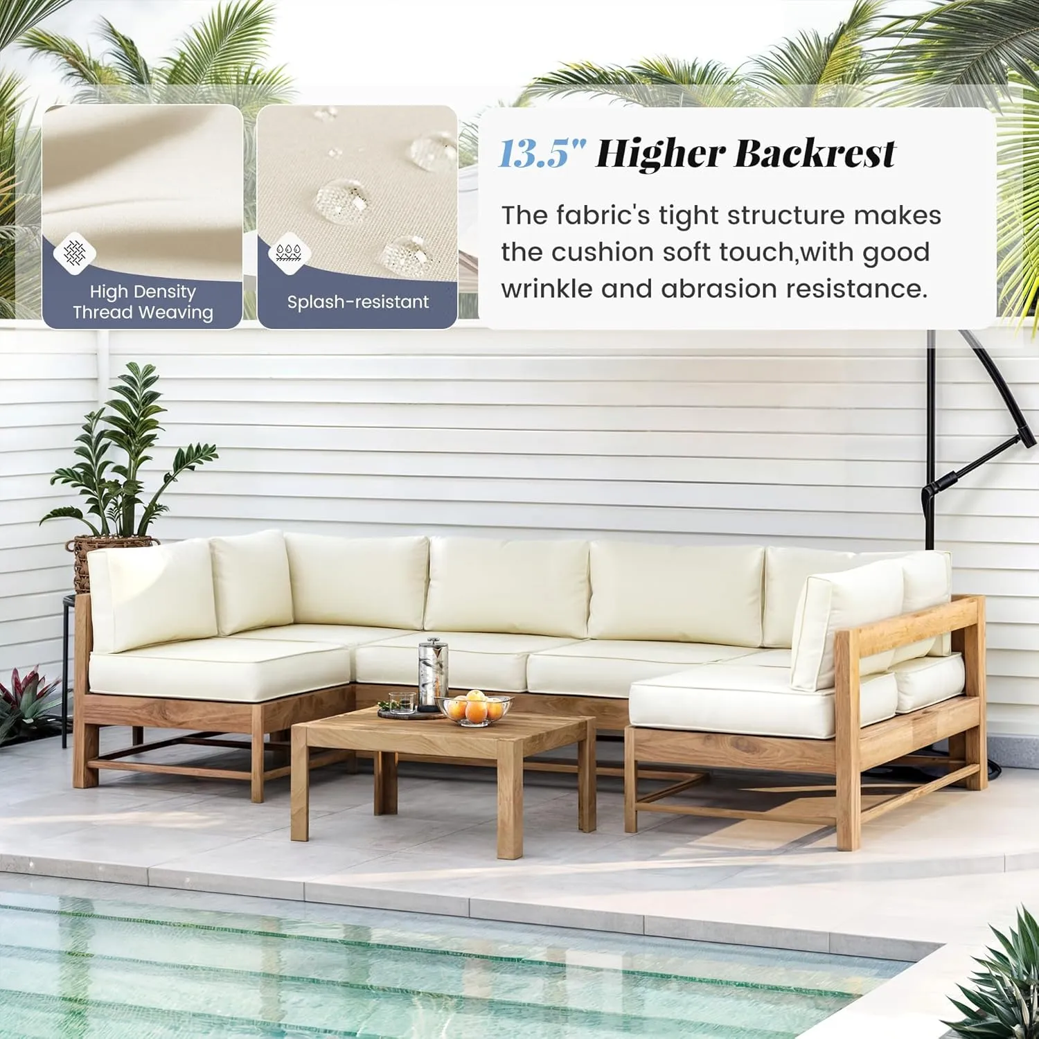 Amopatio 14-Piece Outdoor Sofa Cushions for 6-Seat Patio Sectional, Waterproof Quick-Dry Outdoor Replacement Cushions, Non-Slip Bottom All-Weather Sunproof Couch Cushion Eco Fabric, Cream